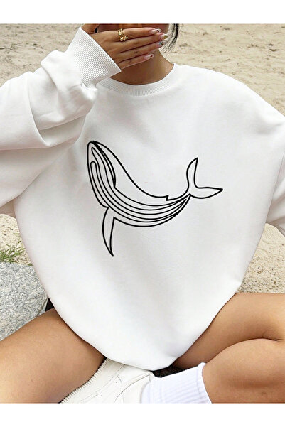 NOISSEY تي شيرت مطبوع عليه الحوت المقوس للنساء لشتاء صوف الفليس هوديز دافئ بر...