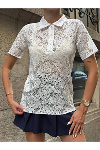 MetuCA Women's White Sheer Lace Polo Neck Short Sleeve Blouse