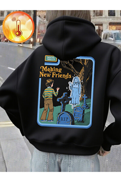 NOISSEY سترة نسائية مريحة وفضفاضة من New Friends Make مطبوع بغطاء رأس للشتاء ...