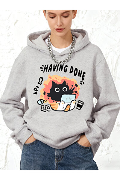 NOISSEY Kpi Cat cu imprimeu cu glugă Hanorace bumbac piese Hanorac largi pent...