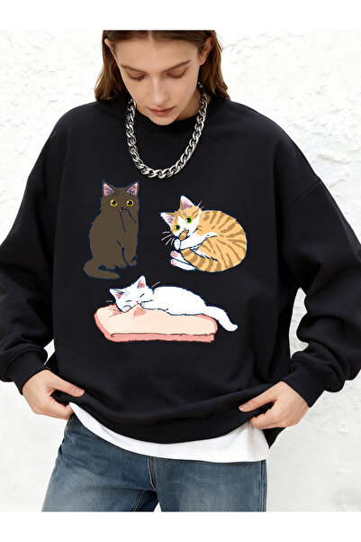 NOISSEY سترة نسائية مطبوعة على شكل قطة بثلاثة ألوان من Yaramaz، سترة فضفاضة م...