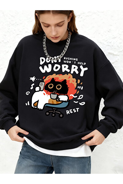 NOISSEY Don'T Worry Be Happy Cat Printed Hooded Tops Simple Warm Long Sleeve ...
