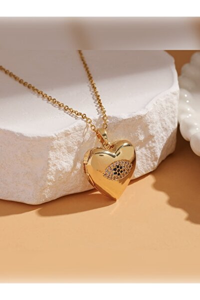 MARMARA OUTLET Gold Color Framed Openable Re Glittery Evil Eye Necklace Model...