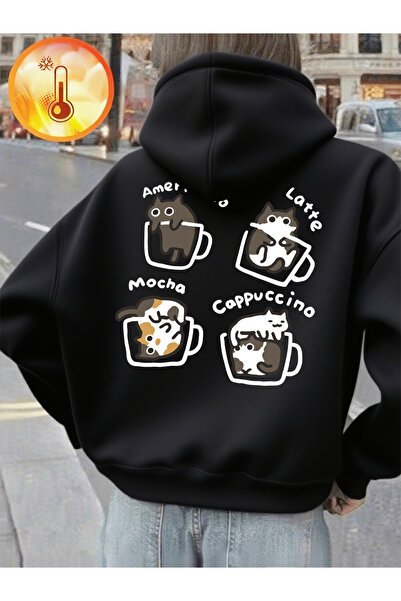 NOISSEY سترة نسائية بجيب من Cat Coffee Art Letter Prints بغطاء رأس Lar، سترة ...
