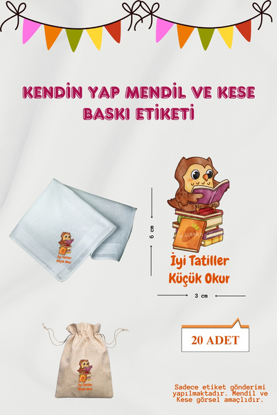 Burak Baskı Tasarım Küçük Okur Baykuş Mendil ve Kese Baskı Kağıdı, Ütü ile Ya...