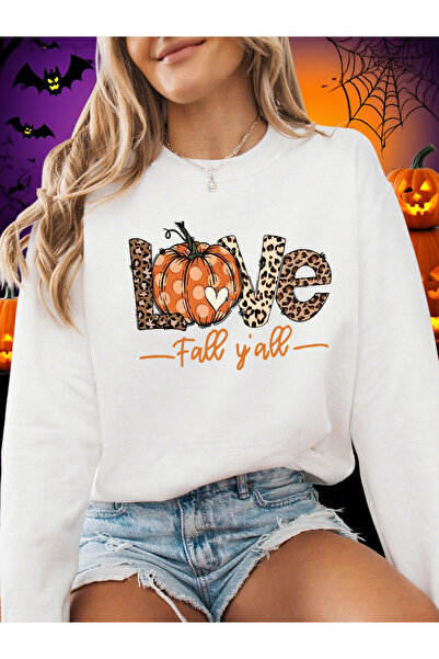 NOISSEY تي شيرت نسائي للهالوين مطبوع عليه Love Autumn Y'All بغطاء رأس top صوف...