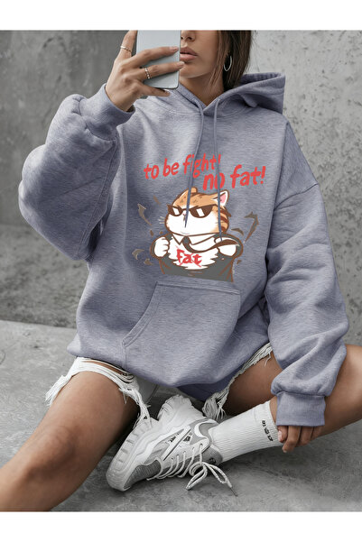 NOISSEY Cool Fight Fat Cat Printed Sweatshirts Women's Winter Fleece Warm Hoo...