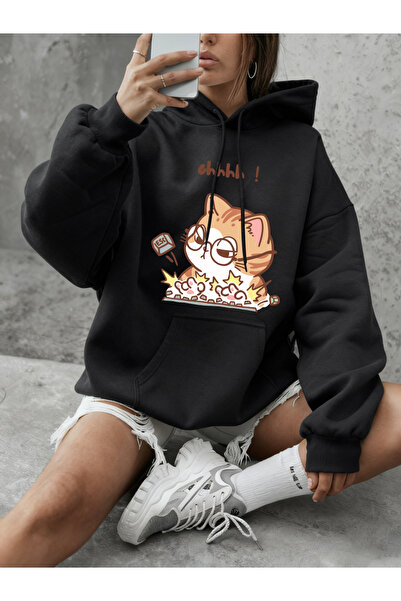 NOISSEY Crazy Cat Typing Wildly مطبوع بغطاء رأس قطعة سويت شيرت نسائي كاجوال ف...