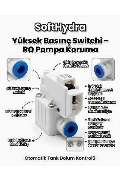 Yüksek Basınç Switchi RO Su Arıtma Cihazı – Otomatik Durdurma Şalteri 1/4" Quick Connect