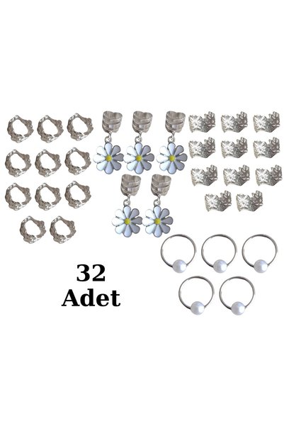 Shehlaa 32Pcs Daisy Bohemian Style Hair Rings, Hair Earrings, Silver Color, Pearl Beads, Valentine's Day