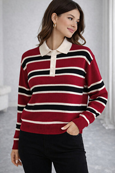 FİFTY ONE    Women's Polo Neck Striped Knitwear Sweater