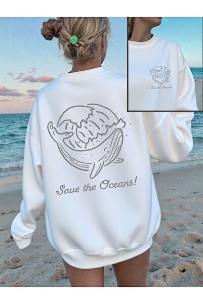 NOISSEY سويت شيرت Save The Oceans Balina مطبوع للسيدات صوف الفليس للشتاء الدا...