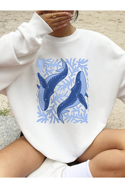 NOISSEY تي شيرت بطبعة الحوت والمرجان لخريف صوف الفليس سترة فضفاضة برقبة دائري...