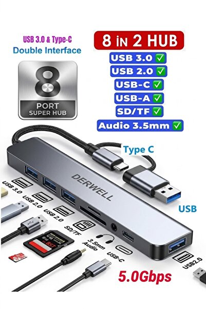 Derwell 8 Port USB/Type-C Çevirici Çoklayıcı 8in2 Hub USB 2.0 USB 3.0 TF/SD K...