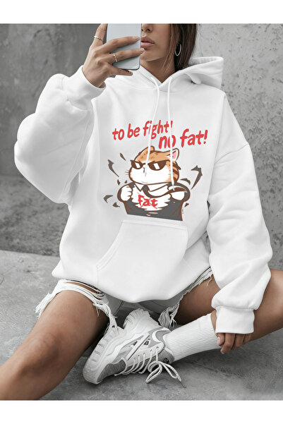 NOISSEY Cool Fight Fat Cat Printed Sweatshirts Women's Winter Fleece Warm Hoo...