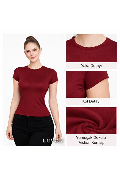 LUVON Burgundy Crew Neck Basic Ultra Soft Women's Short Sleeve Body
