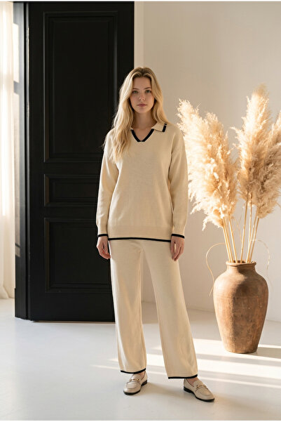 Fix Modalife Women's Polo Collar Knitwear Set Contrast Striped Detail Comfort...