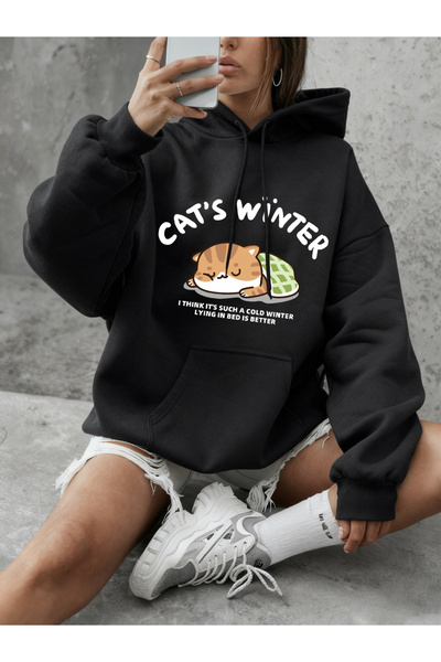 NOISSEY pisică Winter Sleep cu imprimeu cu glugă Topuri Hanorace simple cu gâ...