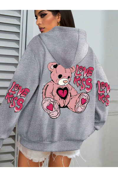 NOISSEY سويت شيرت Pink Love Kiss Art Lettered مطبوع للنساء C بجيوب خريف K بغط...