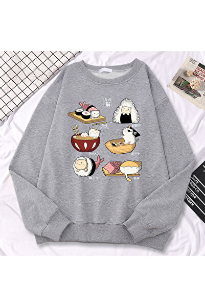 NOISSEY سترة نسائية بسيطة للخريف سويت شيرت مطبوع عليه sushi Cat'S Day Harajuk...