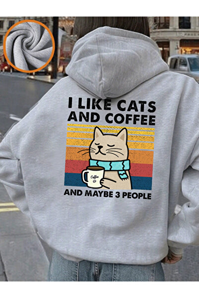 NOISSEY pisică I Love Coffee cu imprimeu cu glugă Topuri pentru femei Hanorac...