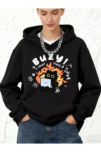 NOISSEY Busy Spirit State Cat cu imprimeu cu glugă Hanorace bumbac piese pent...