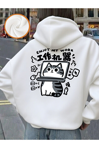 NOISSEY سويت شيرت Fun Cat مطبوع بغطاء رأس للسيدات كاجوال فضفاض للشتاء P صوف ا...