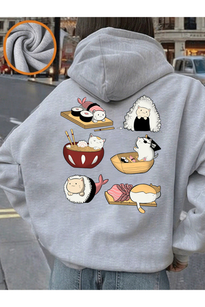 NOISSEY تي شيرت كاواي سوشي كاتس مطبوع عليه بغطاء رأس قطعة للسيدات، سترة فضفاض...