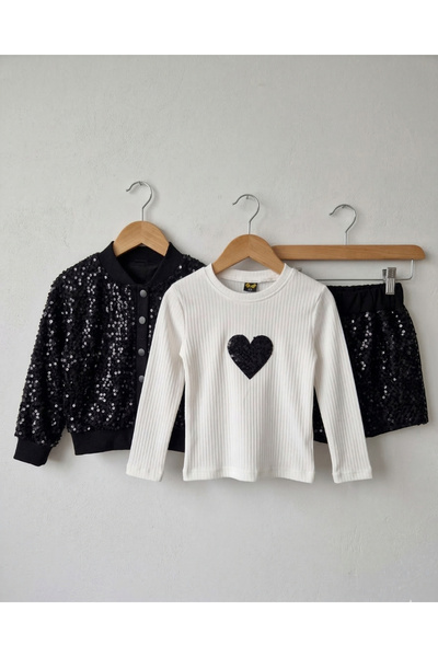 Asliva fashion Black Sequined 3-Piece Combination Set (Jacket, Heart-Detailed...