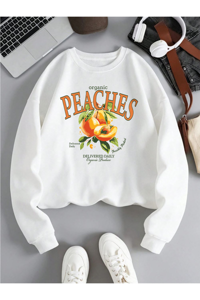 NOISSEY Pulover casual organic Peach Delivered cu imprimeu cu fructe cu glugă...