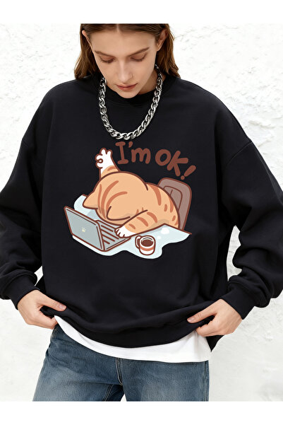 NOISSEY سويت شيرت Fun Cat I'm Fine B مطبوع للسيدات للخريف بأكمام طويلة دافئة ...