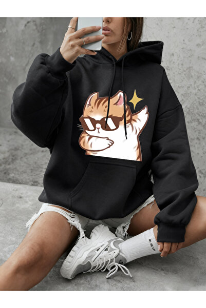 NOISSEY pisică havalı imprimeuri cu ochelari de soare pulover femei iarna pol...