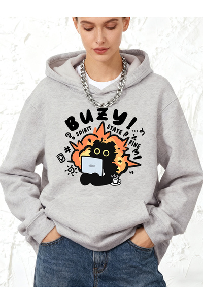 NOISSEY Busy Spirit State Cat cu imprimeu cu glugă Hanorace bumbac piese pent...