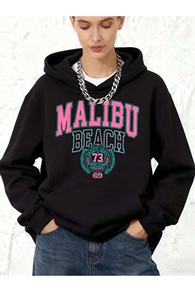 NOISSEY سترة Malibu Beach Letter مطبوع بغطاء رأس للسيدات من قطن قطع، سترة ريا...
