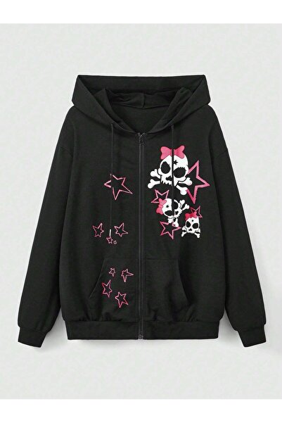 NOISSEY Puls Sweet Pink Star Skulls με τύπωμα με φερμουάρ με κουκούλα Κορυφαί...