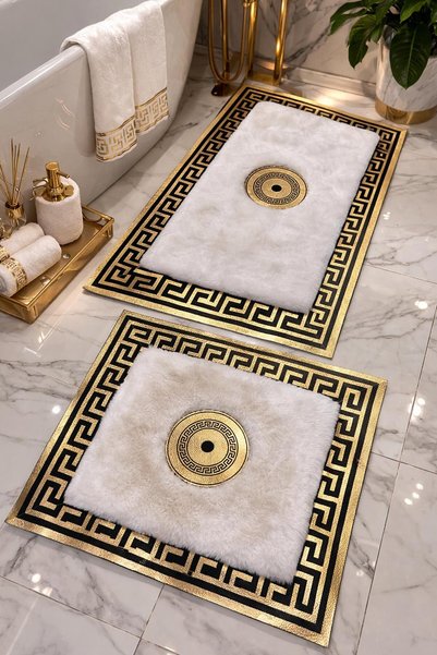 KRAL HOME Ecru Colored Gold Leaf Plush Bathroom Set