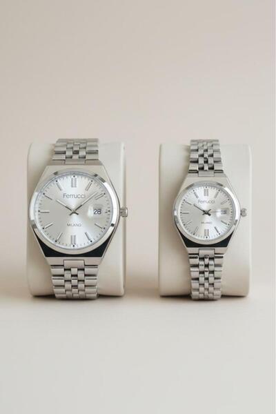 Ferrucci Sevgili Çift Kol Saati Seti Erkek 40 mm Kadın 28 mm Çelik Kordon Met...