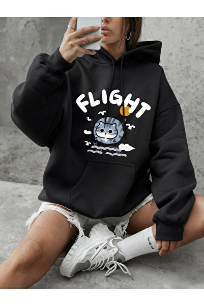 NOISSEY تيشيرتات Fight Cat Balık Yakalar مطبوع غير رسمية فضفاضة بغطاء رأس قمص...