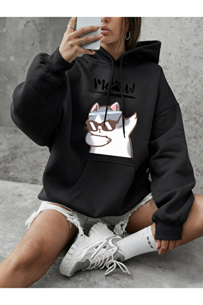 NOISSEY Cool Cat Cartoon με τύπωμα με κουκούλα Μπλούζες Γυναικεία Βασικά Είδη...