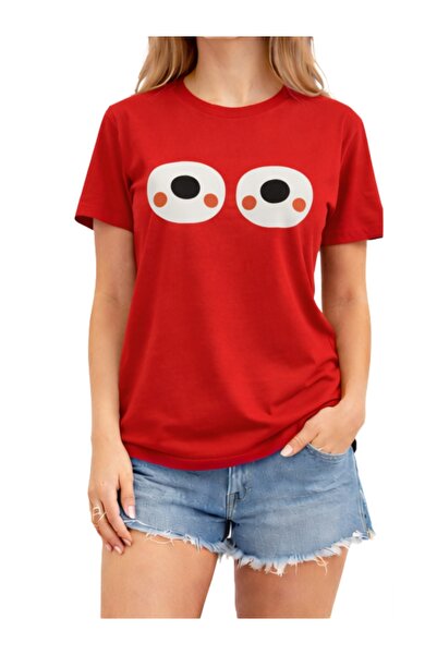 ship master Women's Minimal Eye Patterned Red T-Shirt 100% Cotton Daily Basic