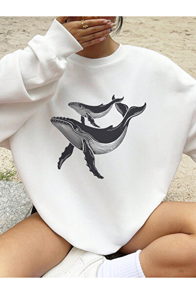 NOISSEY Μπλουζάκι με στάμπες Humpback Whales Φλις Ζεστό σπορ φούτερ με κουκού...