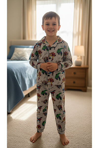 Arya Nisa Kids Boy's Buttoned Cotton Piece New Season Transitional Pajama Set