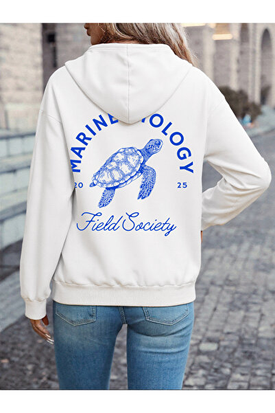 NOISSEY Sea Biology Turtle cu imprimeu cu glugă Topuri pentru femei Iarna pol...