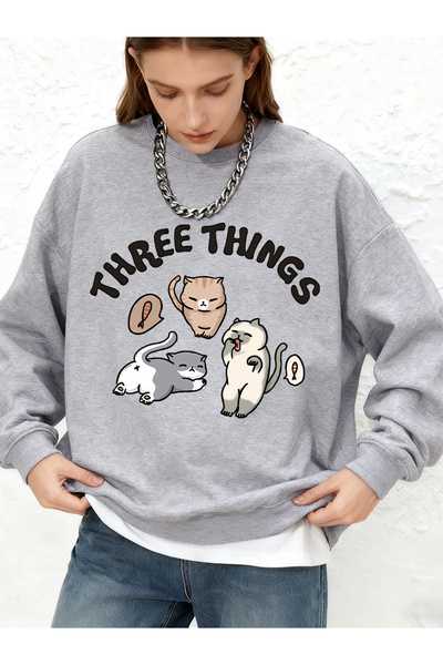 NOISSEY Three Things Cat Print Sweatshirt Casual Oversized Jogger Pants Hoodi...