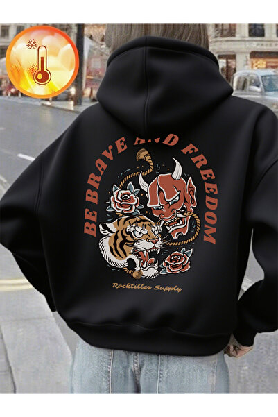 NOISSEY Be Brave and Be Free cu imprimeu cu glugă Topuri de iarnă pentru feme...