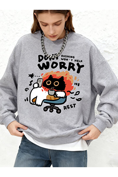 NOISSEY Don'T Worry Be Happy Cat Printed Hooded Tops Simple Warm Long Sleeve ...