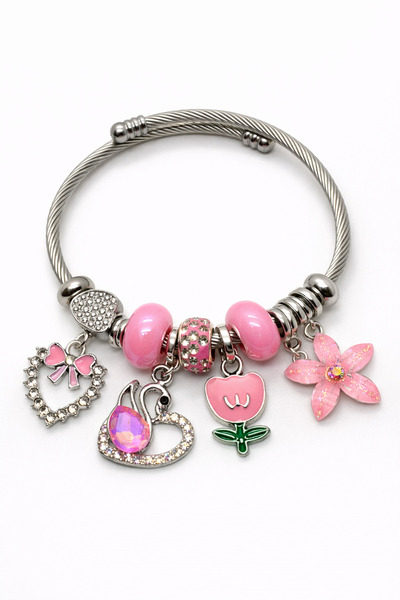 MakeWell Stainless Steel Charm Bracelet Lotus Heart Butterfly and Flower Figu...