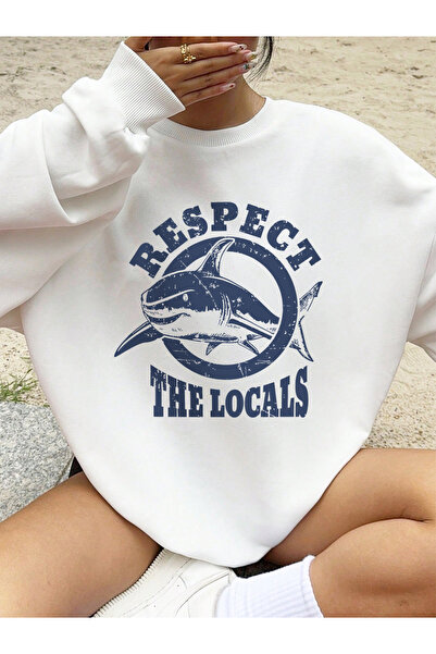 NOISSEY سترة نسائية مطبوعة بطبعة القرش من Keep The Locals Safe لشتاء صوف الفل...