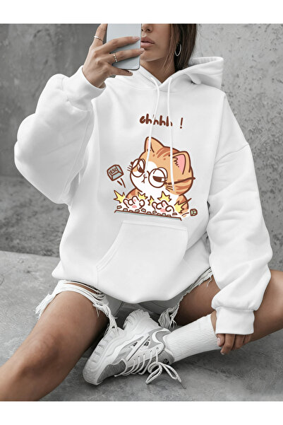 NOISSEY Crazy Cat Typing Wildly مطبوع بغطاء رأس قطعة سويت شيرت نسائي كاجوال ف...