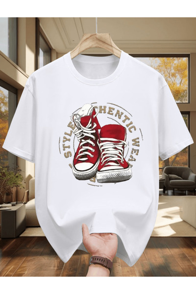 one button Roșu sneakerși cu imprimeu Premium supradimensionat tricou